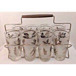 Vtg. Libbey Silver Frosted Foliage Leaf Leaves Tumblers with Carry Rack s/8